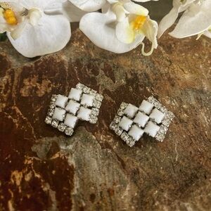 Vintage Geometric glass and rhinestone clip on earrings